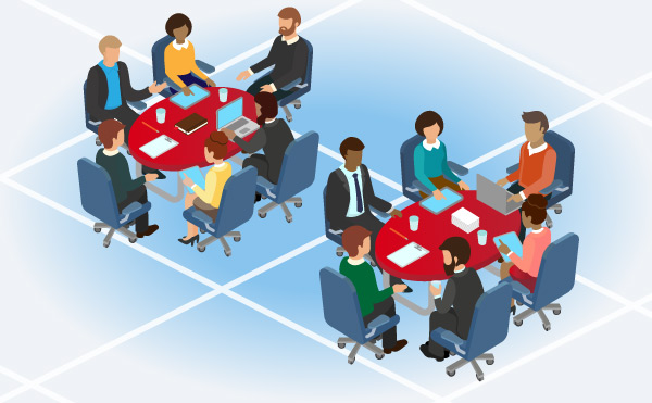 Ideas Xchange illustration: people sitting at a round table collaborating