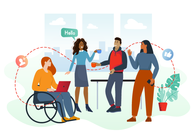 Illustration of four people conversing and making connections
